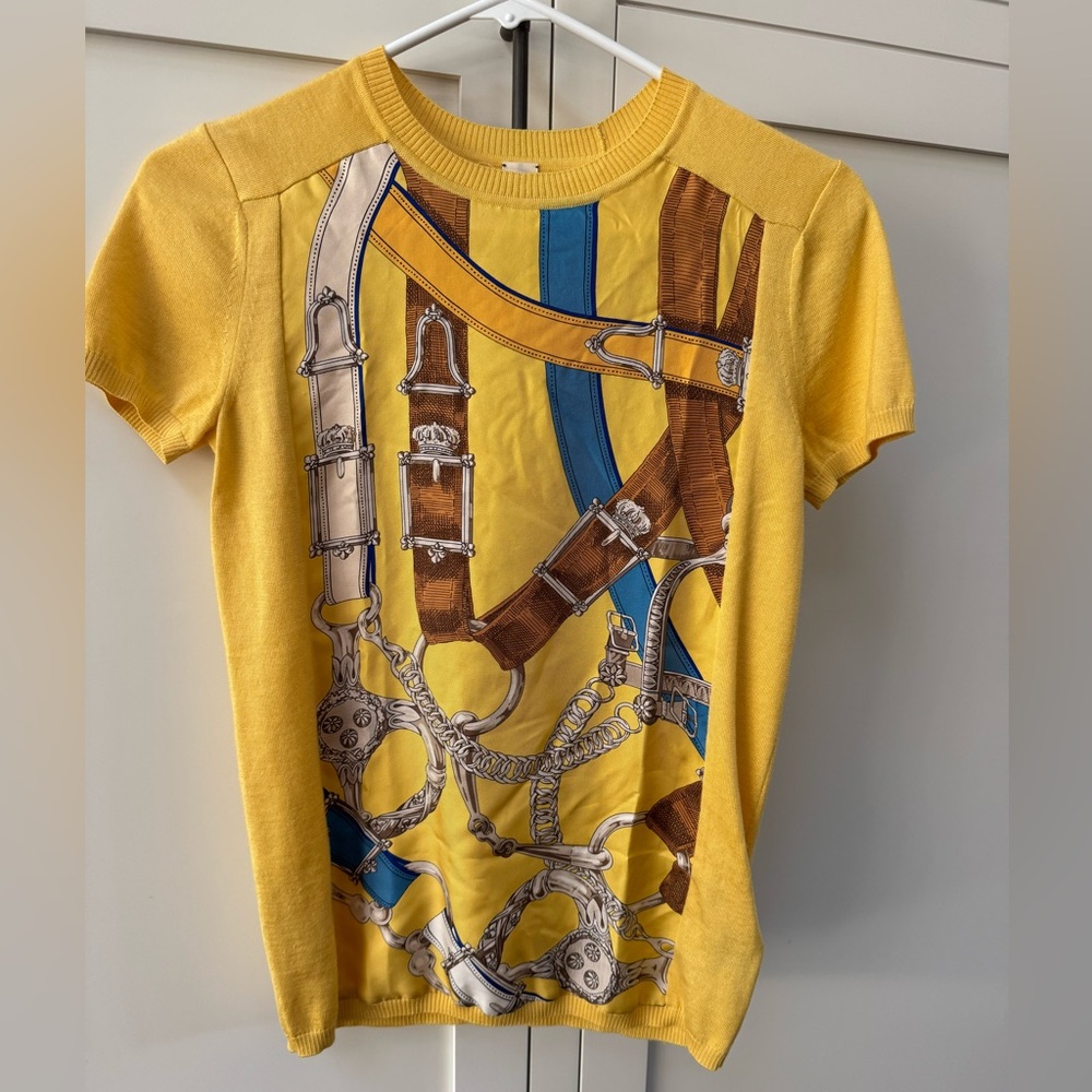 Hermès Paris Silk Twill Front Cashmere Blend Knit Top Size Small FR34 Yellow
